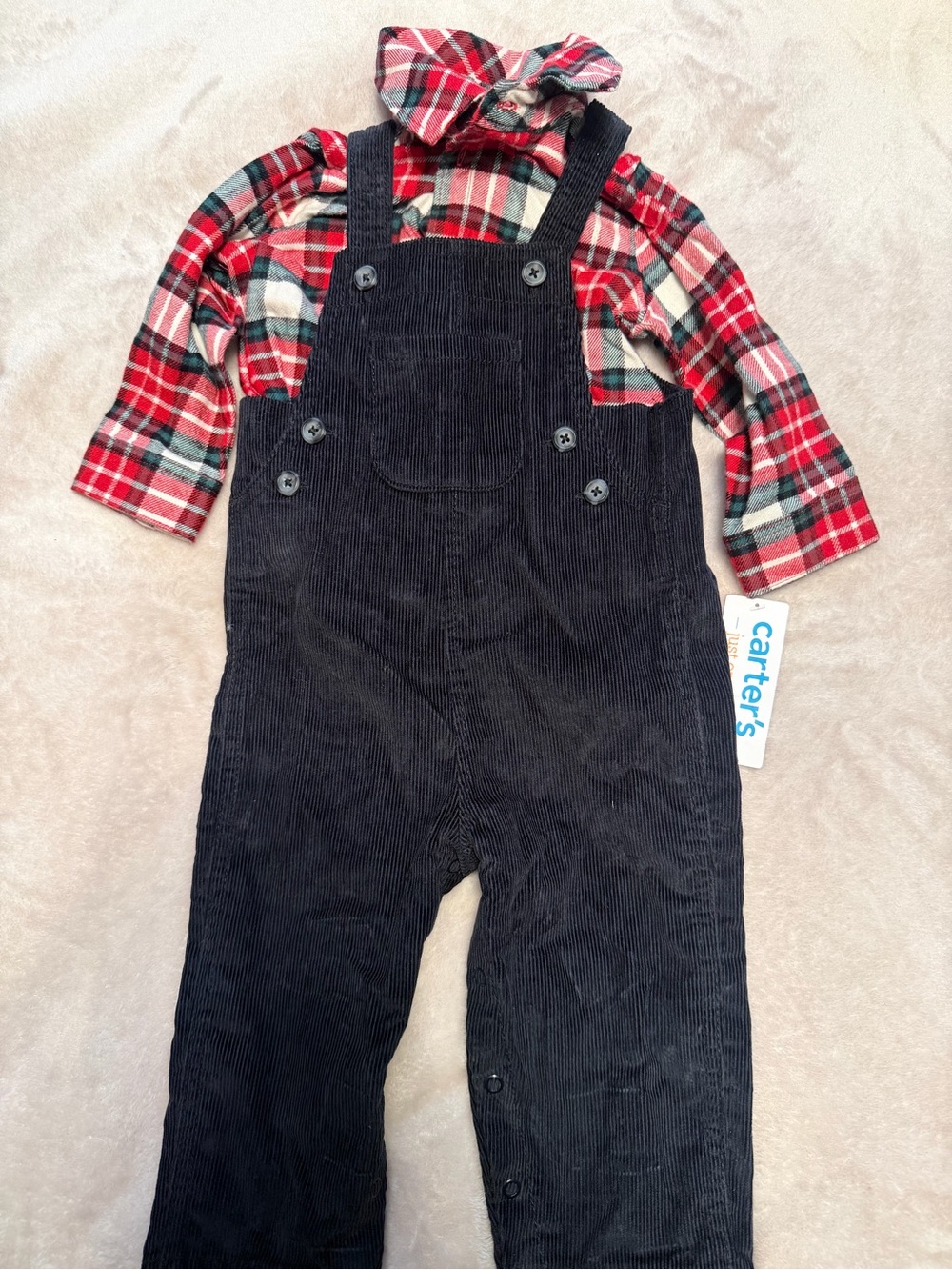 Carter's Black Corduroy Overalls with Red Plaid Shirt Set